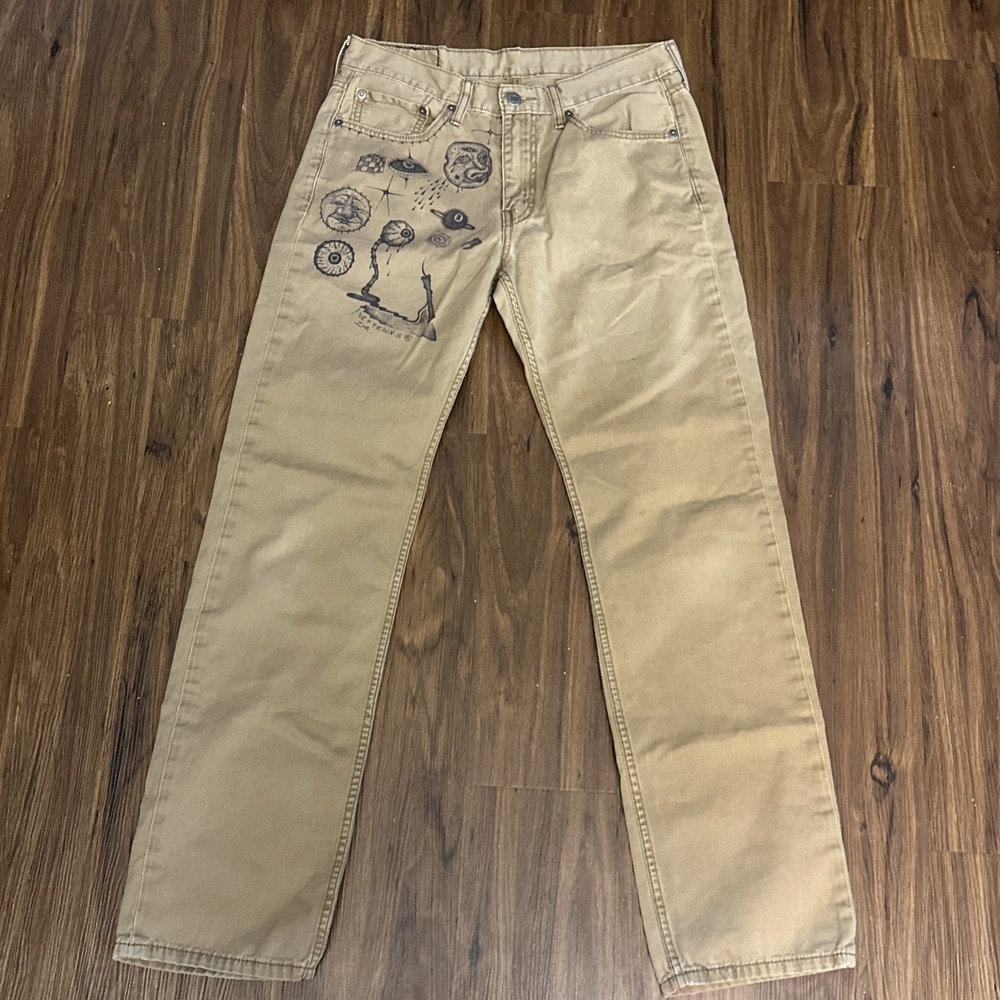 Levi's 514 Mens 32x32 Dark Khaki Denim Slim Straight Fit Jeans Pants Doodled